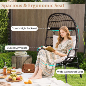 Patio Wicker Egg Chair Outdoor Rattan Lounge Basket With Seat And Back Cushions Support Up To 400 Lbs,for Backyard, Poolside, Indoor Places And So On