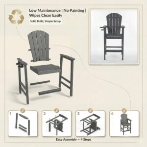 HDPE Bar Height Adirondack Chair With Cup Holder, All-Weather Outdoor Patio Bar Chair With Armrests, 1 Piece Gray