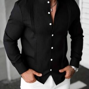 Mens Solid Color Stand Collar Single-Breasted Long-Sleeve Shirt