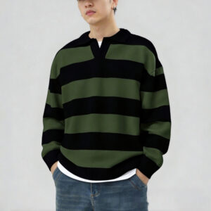 Men’s Casual Spring Autumn Everyday V-Neck Pullover Contrast-Color Striped Long-Sleeve Knit Sweater