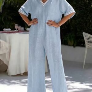 Womens Fashionable Casual Solid-Color Wide-Leg Jumpsuit