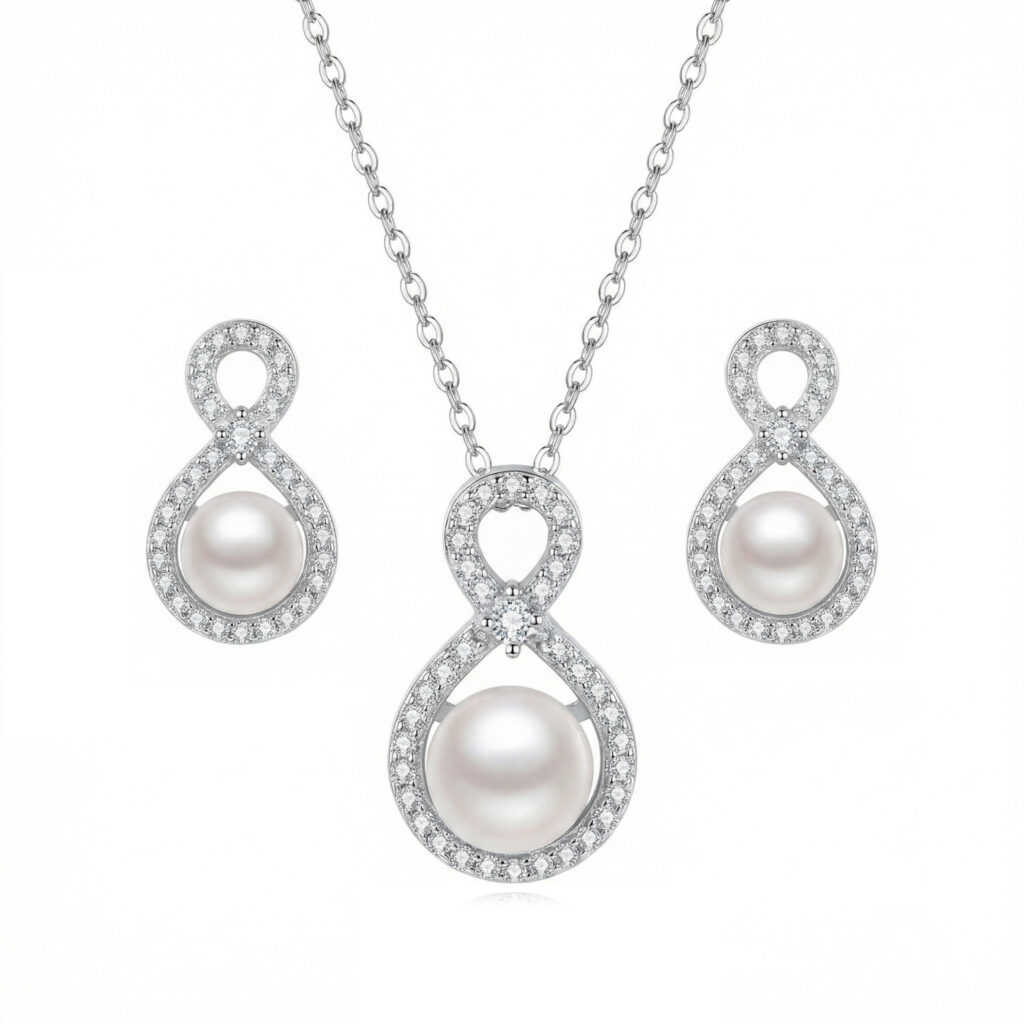 925 Sterling Silver Elegant Sterling Silver Infinity Pearl Necklace and Earrings Jewelry Set