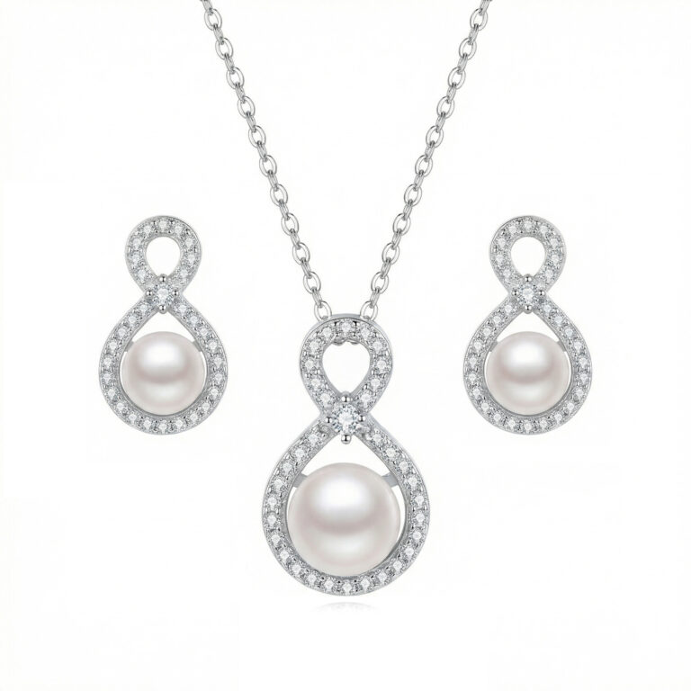 925 Sterling Silver Elegant Sterling Silver Infinity Pearl Necklace and Earrings Jewelry Set