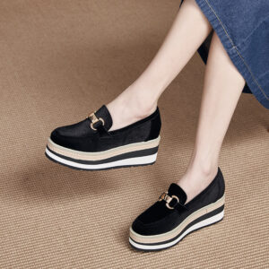Metal-buckle Striped Sole Wedge Slip-on Shoes