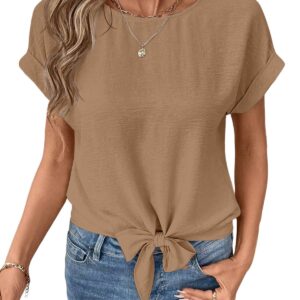 Bow-tied Hem Short-sleeve Shirt Round-neck Pullover