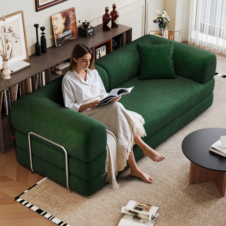 78.8 Compression Sofa,Convertible Floor Sofa Bed-with Pillow Back Support Armrest,Comfy Futon Couch Sleeper Bed,Loveseats Boneless Modular Sectional Sofa,Corduroy Fabric,for Living Room,Bedroom,Green