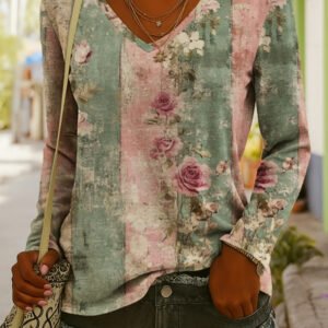 Fashionable Ethnic-Style Printed V-Neck Long-Sleeve T-Shirt