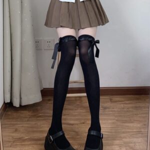 Sweet Girl Pure Desire Style Xiaohongshu Satin Lace Trim High Tube Socks, Bowknot Ribbon Long Over-the-Knee Socks