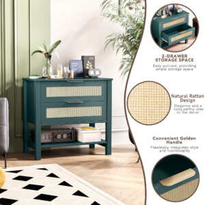 Rattan Nightstand With 2 Drawers And Storage Shelf Boho Bedside Narrow Side Table For Bedroom