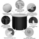 Infographic of a portable inflatable tub with neck support, waterproof PVC seams, easy inflation valve, detachable drainage valve, bottom drain, strong poles, and thick anti-leak PVC.