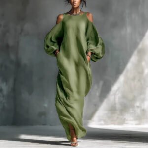 Long-sleeve Off-shoulder Midi Dress Mid-waist Pullover Style