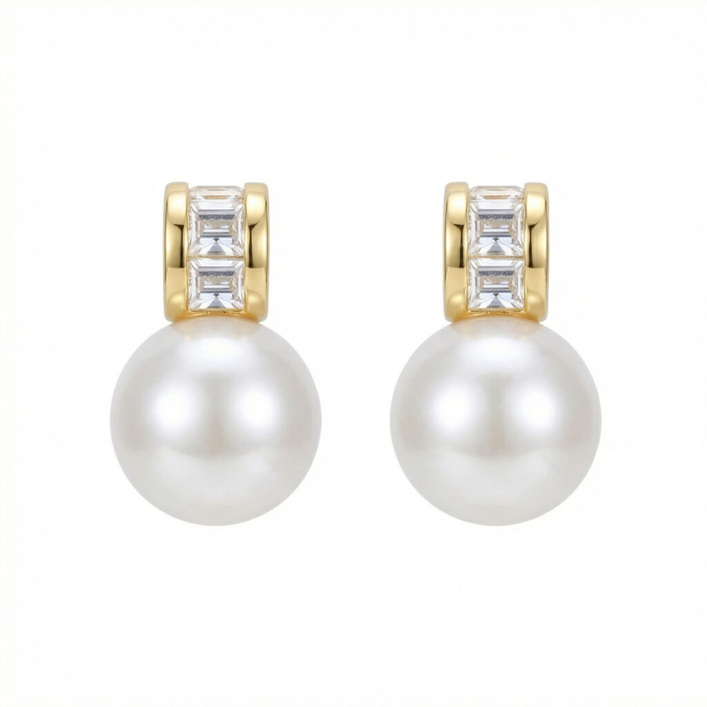 925 Sterling Silver Elegant Pearl Drop Earrings with Shimmering Baguette-Cut Accents