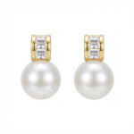 925 Sterling Silver Elegant Pearl Drop Earrings with Shimmering Baguette-Cut Accents