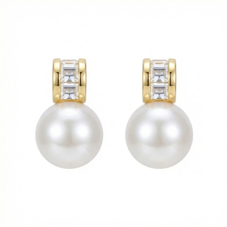 925 Sterling Silver Elegant Pearl Drop Earrings with Shimmering Baguette-Cut Accents