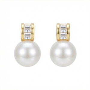 925 Sterling Silver Elegant Pearl Drop Earrings with Shimmering Baguette-Cut Accents