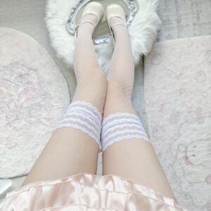 Japanese Style Polka Dot Lace Trim Thigh High Stockings, Pure & Sexy Mesh Hollow Out Over-the-Knee Socks