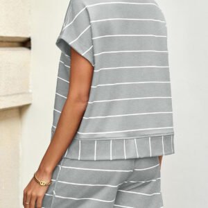 Fisoew Women Summer 2 Piece Outfits Striped Short Sleeve Zipper Shirts Casual Shorts Loose Lounge Short Sets