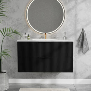 36 Inch Bathroom Vanity Cabinet With Ceramic Sink - Black Wall Mounted Floating Fluted Vanity With Drawers Modern