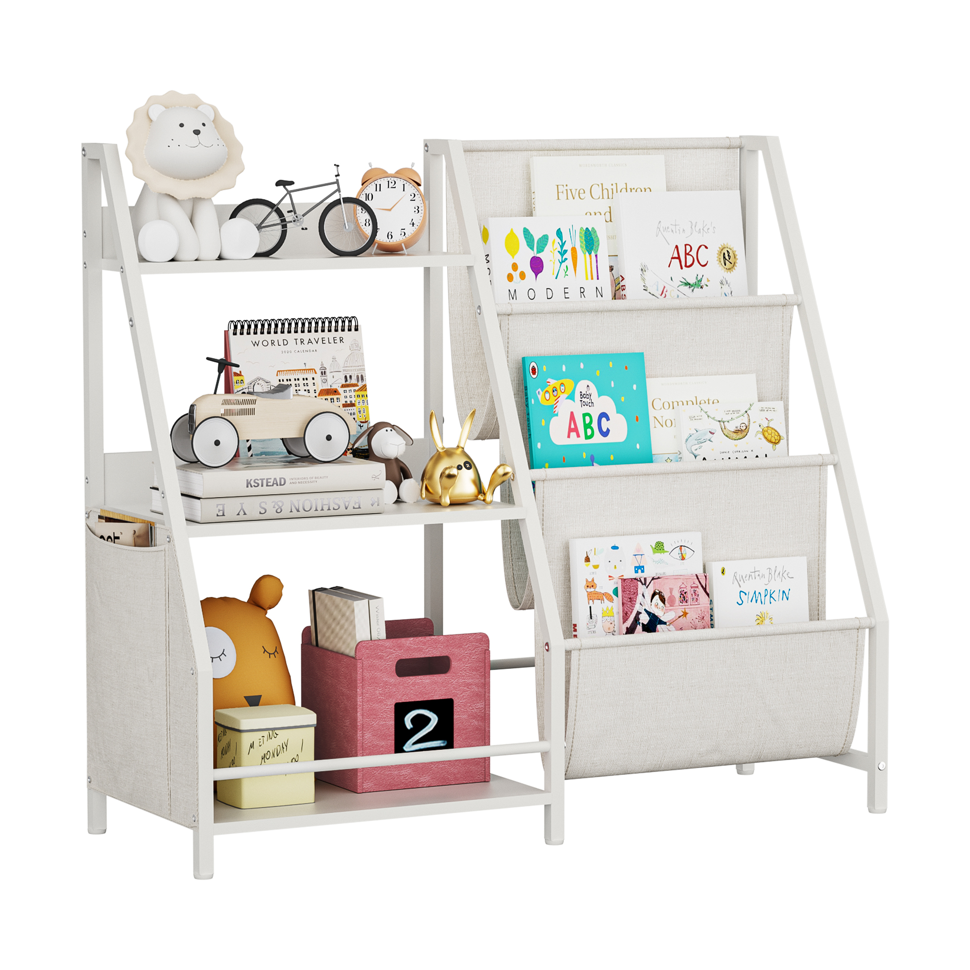 Kids Bookshelf And Toy Storage Organizer, Montessori Bookcase For Toddler Nursery, Wooden & Fabric Book Shelf With Anti-Tip Safety, White - Image 4