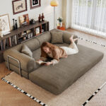 78.8 Compression Sofa,Convertible Floor Sofa Bed-with Pillow Back Support Armrest,Comfy Futon Couch Sleeper Bed,Loveseats Boneless Modular Sectional Sofa,Corduroy Fabric,for Living Room,Bedroom,Camel