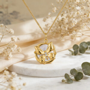 925 Sterling Silver Elegant Circular Butterfly Pendant Necklace with Shimmering Stone Accents
