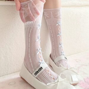 Petite Summer Thin Calf Socks, Hollow Out Design, Bow Lace Trim, Cute Ballet Lolita Style, Princess Ruffled Slouchy Short Socks