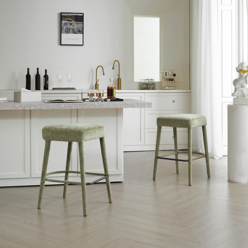 Backless Light Green Upholstered Fabric Bar Stool - Padded Seat With Sturdy Legs & Footrest Space-Saving Seating For Kitchen Island Dining Counter & Home Pub 2 Sets