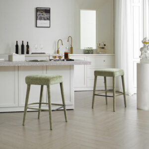 Backless Light Green Upholstered Fabric Bar Stool - Padded Seat With Sturdy Legs & Footrest Space-Saving Seating For Kitchen Island Dining Counter & Home Pub 2 Sets