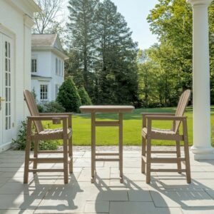 3-Piece HDPE Bar-Height Patio Bistro Set, Square High Top Pub Table 2 Bar Chairs, All-Weather Outdoor Dining Set, Antique Oak