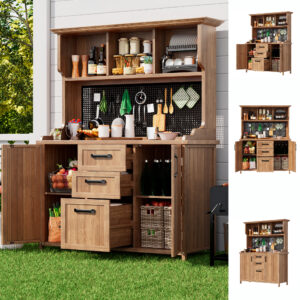 Wooden Garden Cabinet, Garden Tool Cabinet Made Of Solid Fir Wood Freestanding Cabinet With 3 Drawers, 3 Compartments, Metal Pegboard And Adjustable Shelves