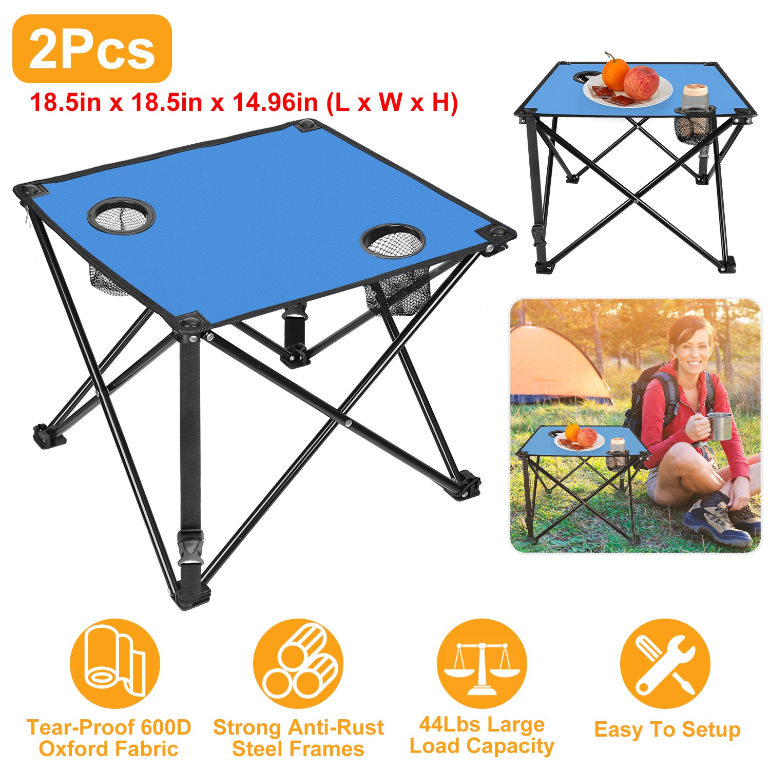1Pc 2Pc Options Foldable Camping Table Portable Picnic Table Lightweight Travel Desk With 2 Cup Holders Carrying Bag Color Options Black Orange Green Red Blue Navy Blue - Image 17