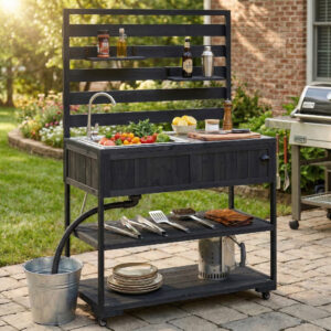 With Assembly Video TOPMAx 41.7 Large Patio Rolling Kitchen Island Solid Wood Kitchen Cart With Sink Garden Potting Bench With Stainless Table Top 2 Movable Shelves And 1 Bottle Opener Black