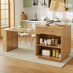 Kitchen Island With Extendable Table, Multifunctional Kitchen Storage Cabinet With LED Lighting App Control , Oak Effect, Glass Door, For Kitchen & Dining Room