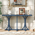U- Style 59.8 Wooden Console Table With Oak Veneer Top Farmhouse Entryway Table With Rubber Wood Slender Curved Legs Perfect For Living Room Entryway Hallway Dining Spaces.