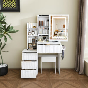 Modern Vanity Desk Featuring 3 Modes Of LED Lighting With Adjustable Brightness With 4 Drawers And Multiple Open Storage Shelves With A Hair Dryer Holder And Power Socket A Dressing Chair.white