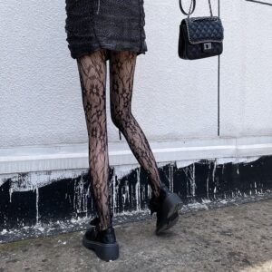 Black Stockings With Floral Pattern As The Base, Thin Cut Hollow Mesh Stockings, And Silk Stockings