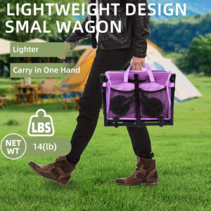 Collapsible Wagon With Wheels Lightweight Utility Camping Wagons Carts Foldable With 360lbs Weight Capacity Carts With Cup Holders For Garden Sports Grocery Shopping Purple