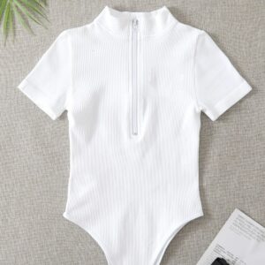 Ribbed Short-sleeve Tight-fitting High-stretch Turtleneck Zip-up Bodysuit