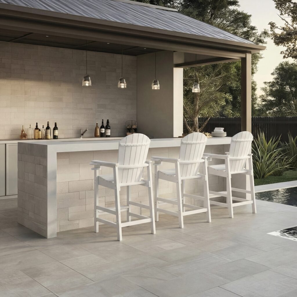 All-Weather HDPE Bar Height Adirondack Chair, Outdoor Patio Bar Chair With Armrests & Cup Holder, UV Weather Resistant, White 1 Piece WH