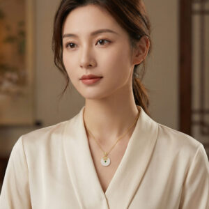 925 Sterling Silver Ornate White Jade Circle Pendant Necklace with Vibrant Emerald Center and Lotus Filigree Accents