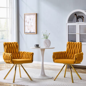 Set Of 2 Modern Luxury Velvet Braided Accent Dining Chair With Gold Metal Legs, Upholstered Armchair With Woven Rope Backrest For Dining Room, Living Room Or Bedroom-Yellow