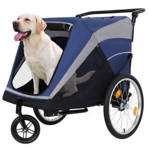 2-in-1 Bike Trailer & Push Cart For Pets - Detachable Bike Hitch & Push Handle Included - Quick Release Wheel, Internal Leash, Dual Cup Pockets And Underneath Storage Bag, Holds Pets Up To 100 Lbs