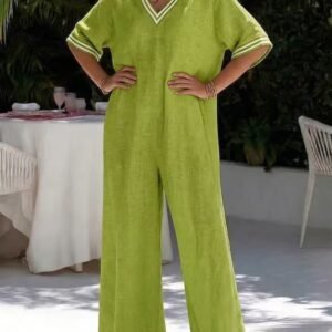 Womens Fashionable Casual Solid-Color Wide-Leg Jumpsuit