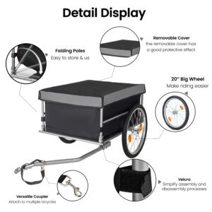 Foldable Bicycle Bike Cargo Trailer With 20 Wheels Removable Cover Folding Frame Quick Release Bike Cart Bike Wagon Trailer For Luggage Tools Groceries. Black Gray
