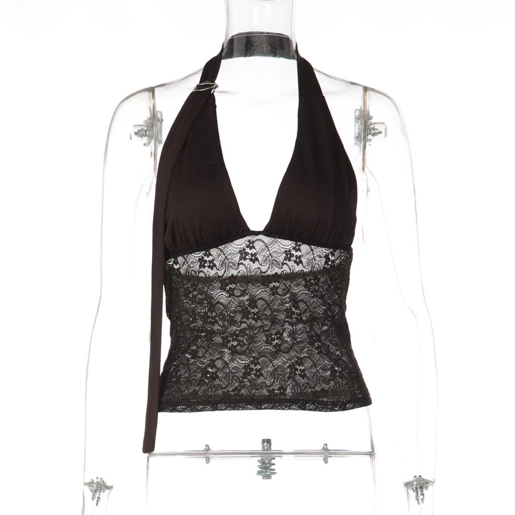 Women's Lace-spliced Deep V-neck Halter Top