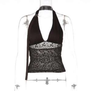 Women's Lace-spliced Deep V-neck Halter Top