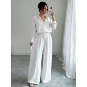 Chic Two-piece Set Plus-size Casual Shirt And High-waisted Wide-leg Pants Suit