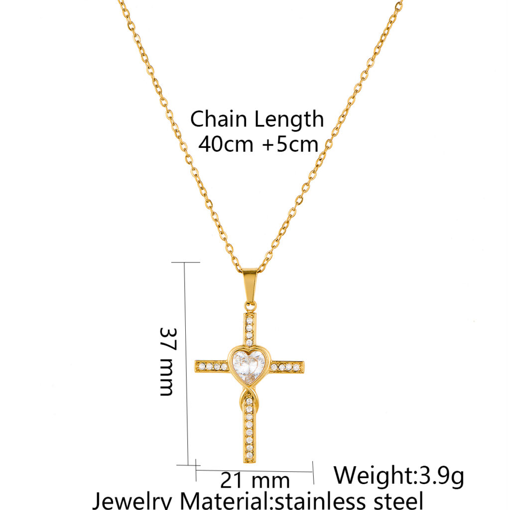 Stainless Steel Heart-shaped Cross Pendant Necklace With Zircon Inlay