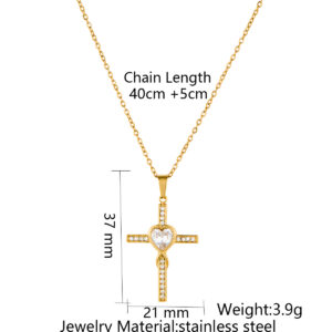 Stainless Steel Heart-shaped Cross Pendant Necklace With Zircon Inlay