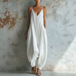 Casual Vacation Deep-V-Neck Suspender Jumpsuit